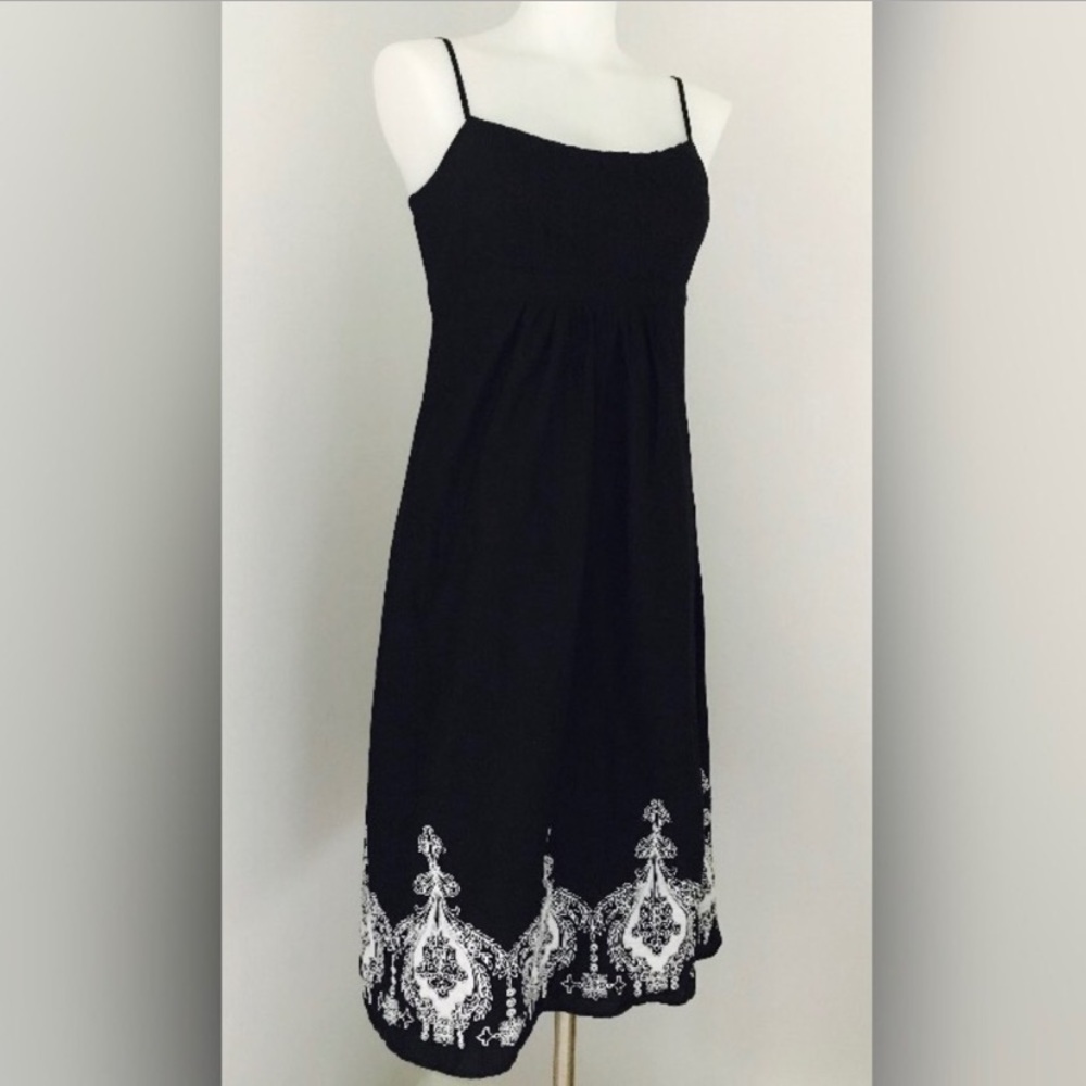LOFT Black Midi Dress with White Embroidery